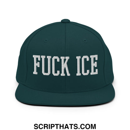 Dark green snapback hat with white embroidered bold collegiate style fuck ice text and flat bill brim
