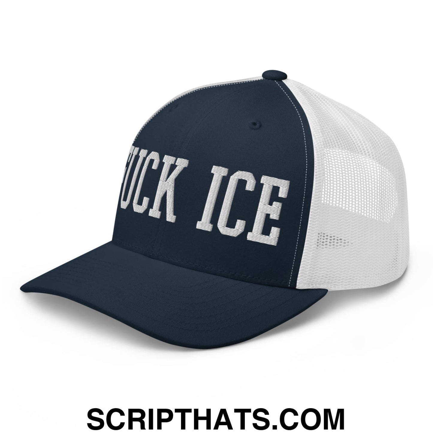 Fuck ICE Embroidered Mesh Trucker Hat Navy White