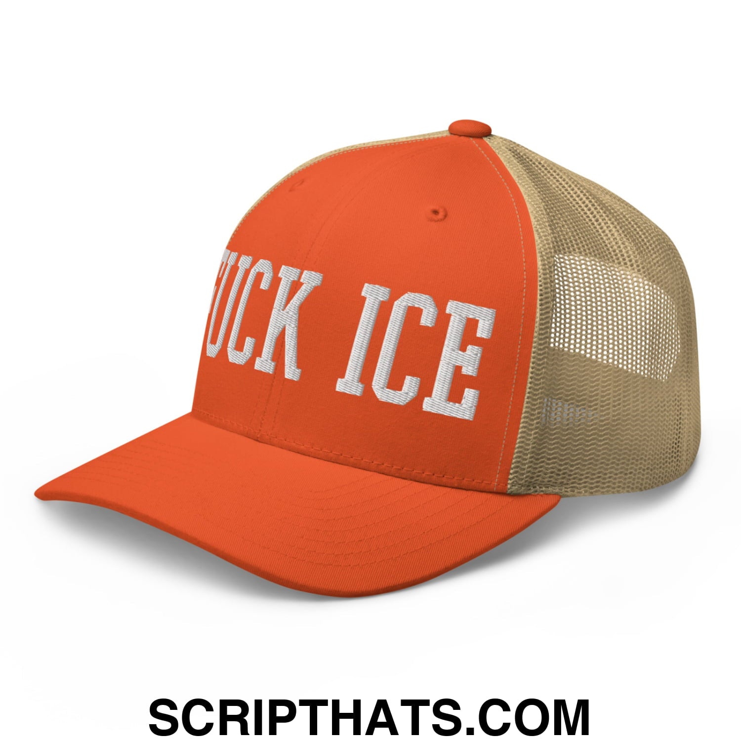 Fuck ICE Embroidered Mesh Trucker Hat Rustic Orange Khaki