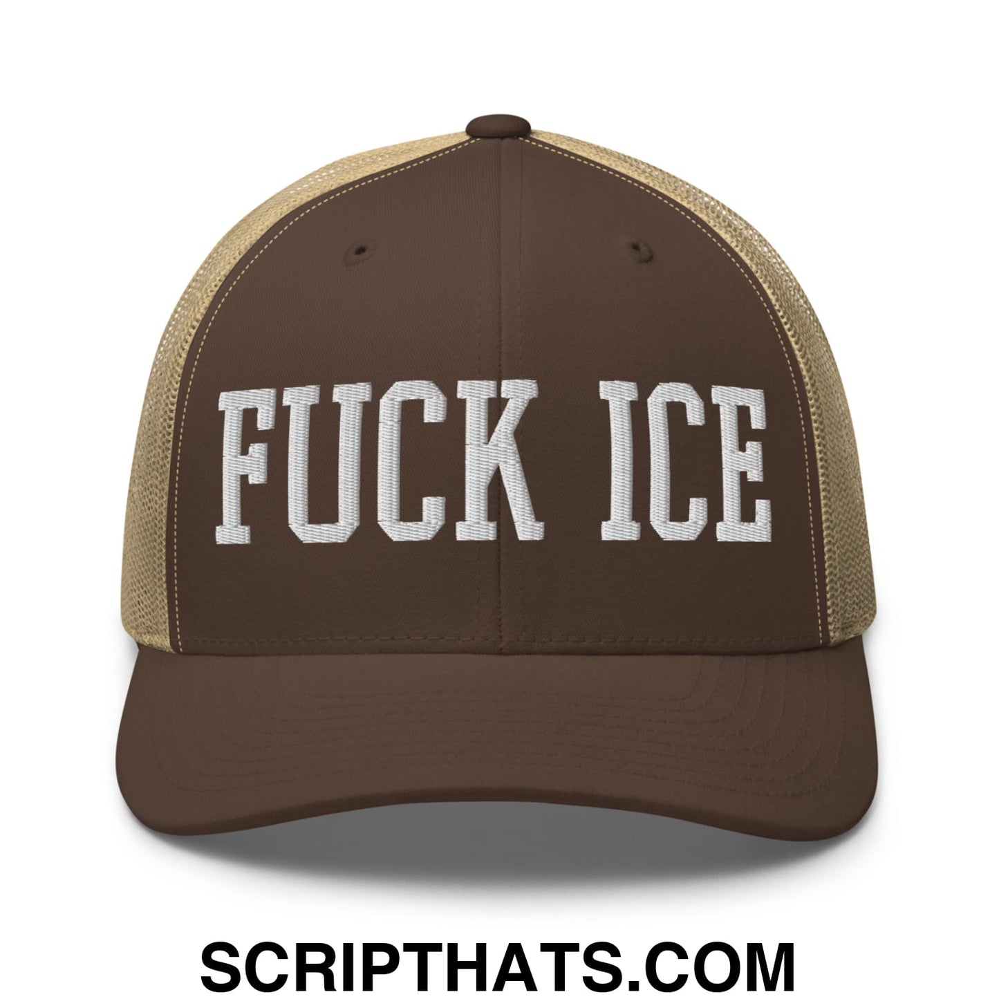 Fuck ICE Embroidered Mesh Trucker Hat Brown Khaki