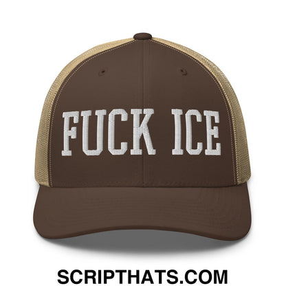 Fuck ICE Embroidered Mesh Trucker Hat Brown Khaki