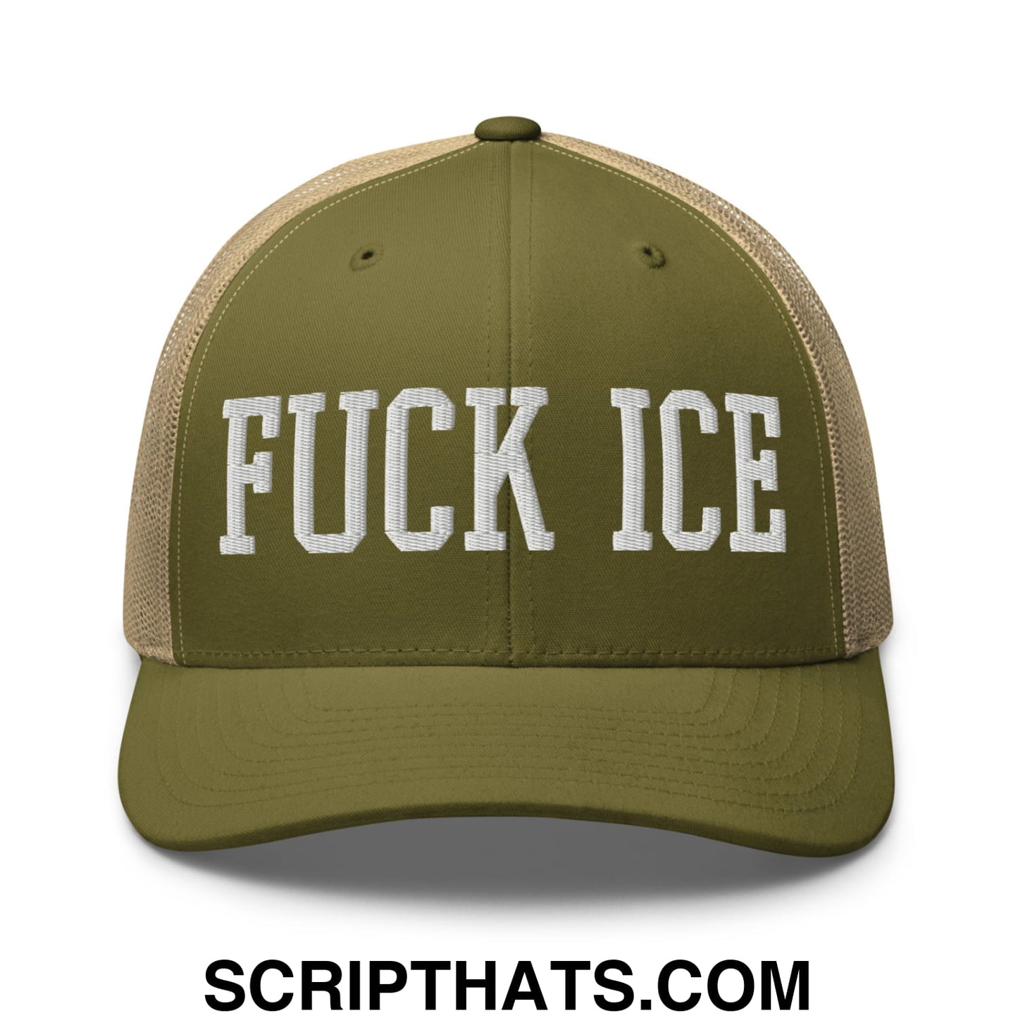 Fuck ICE Embroidered Mesh Trucker Hat Moss Khaki