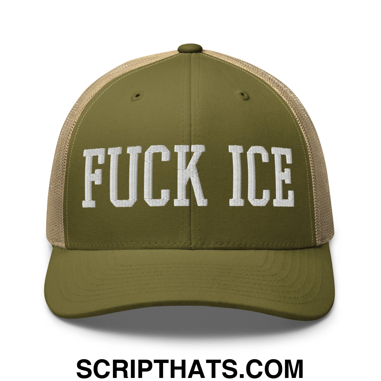 Fuck ICE Embroidered Mesh Trucker Hat Moss Khaki