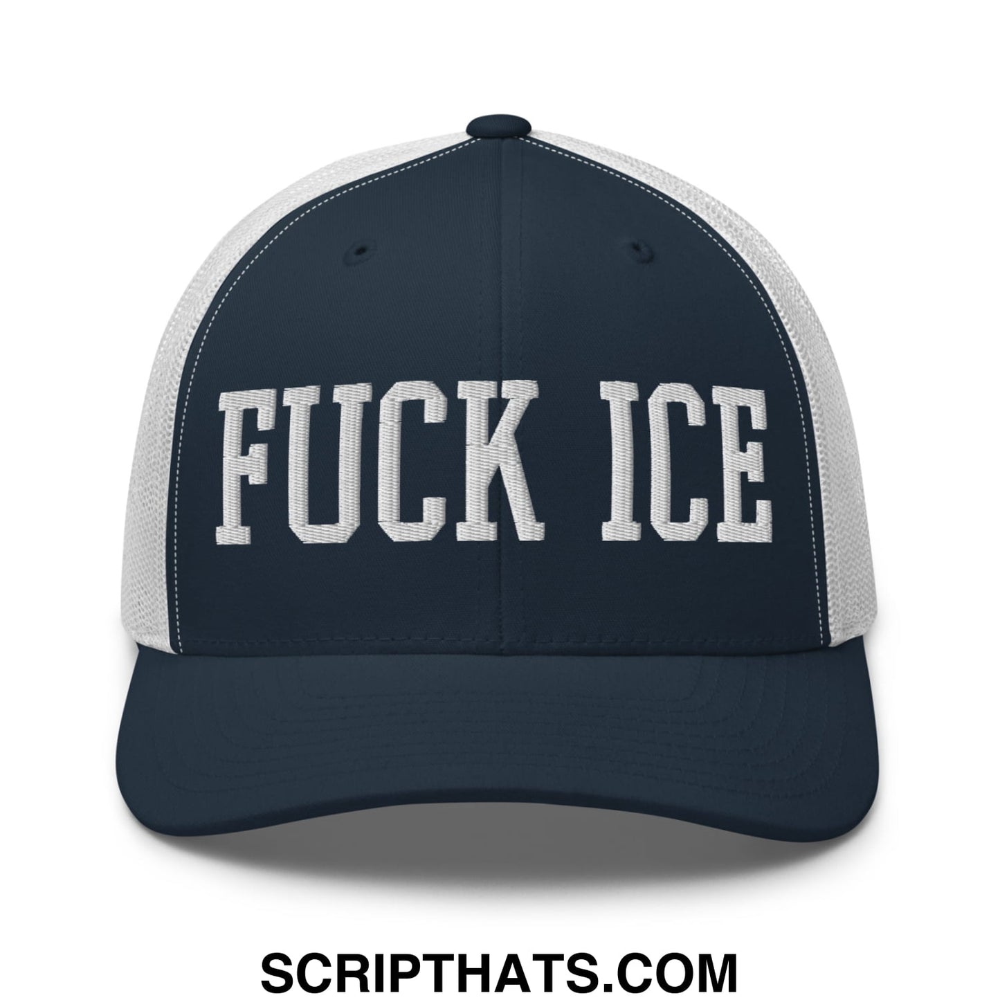 Fuck ICE Embroidered Mesh Trucker Hat Navy White