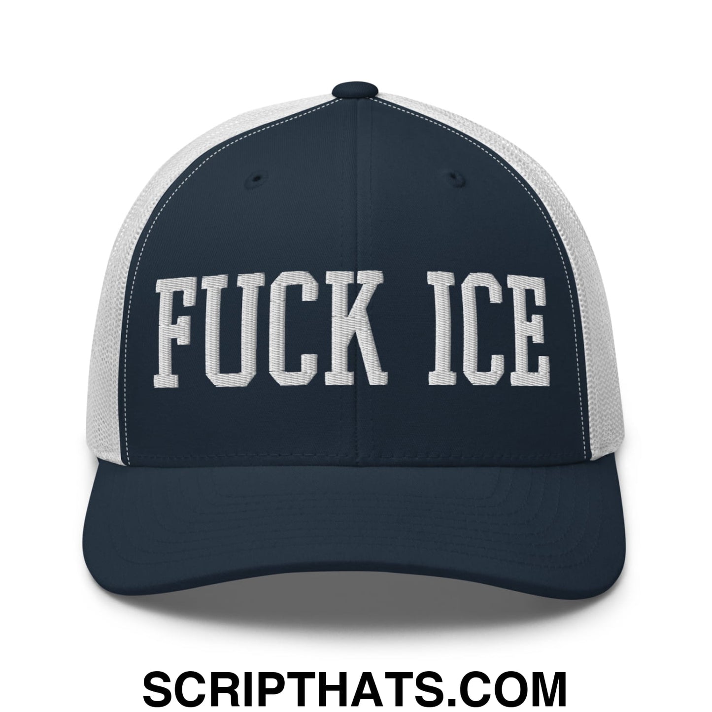 Fuck ICE Embroidered Mesh Trucker Hat Navy White