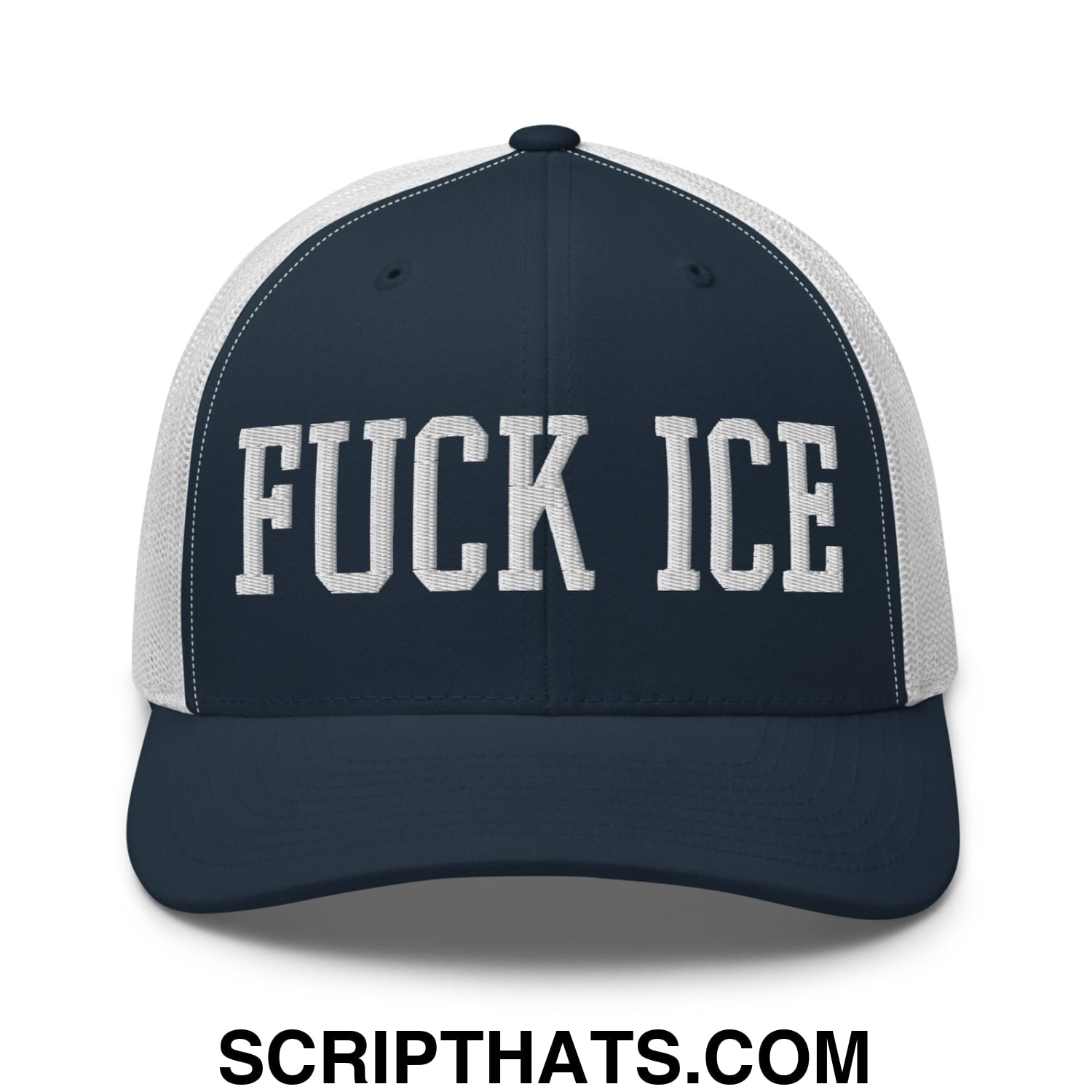 Fuck ICE Embroidered Mesh Trucker Hat Navy White