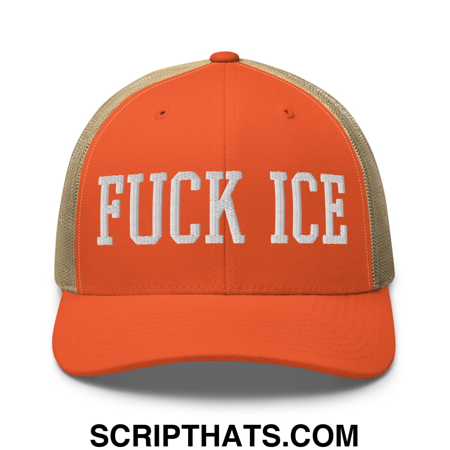 Fuck ICE Embroidered Mesh Trucker Hat Rustic Orange Khaki