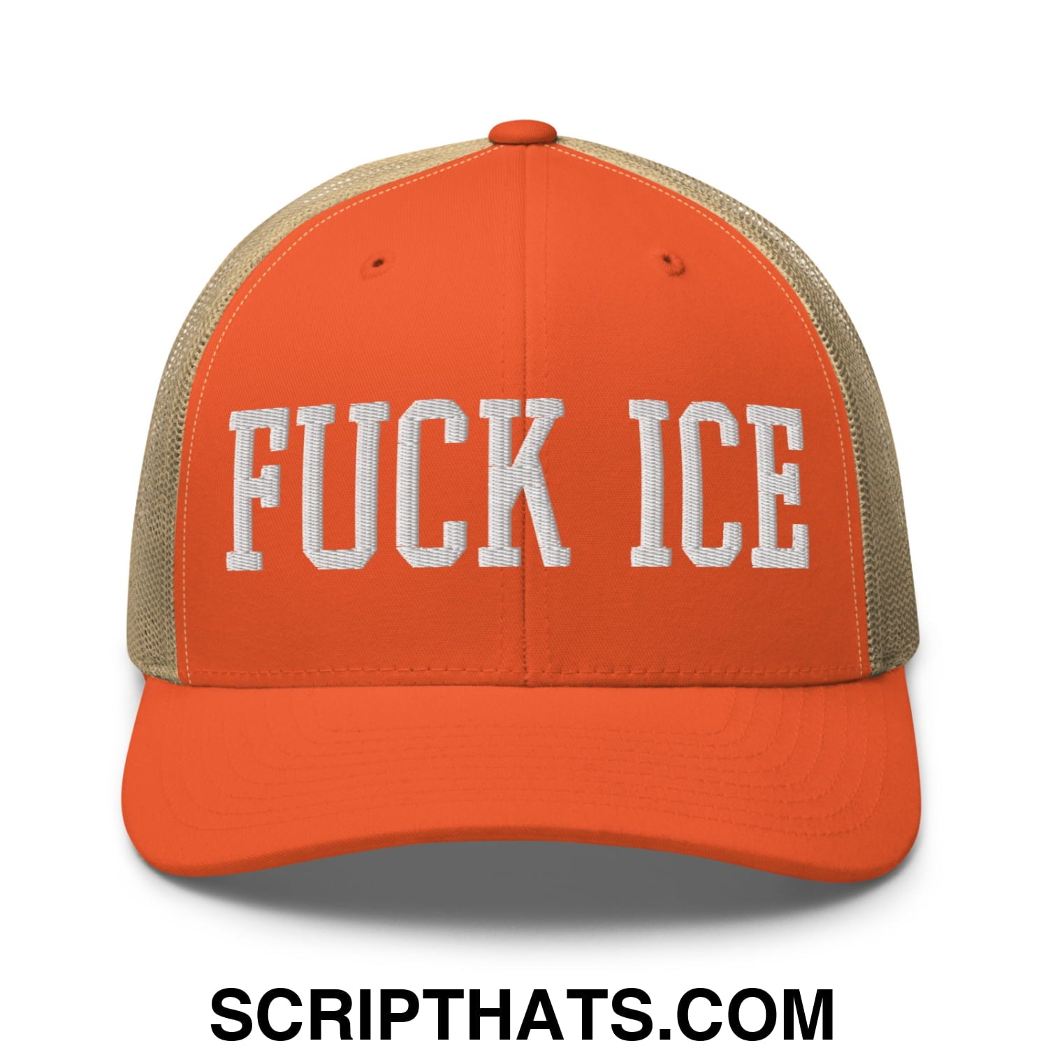 Fuck ICE Embroidered Mesh Trucker Hat Rustic Orange Khaki
