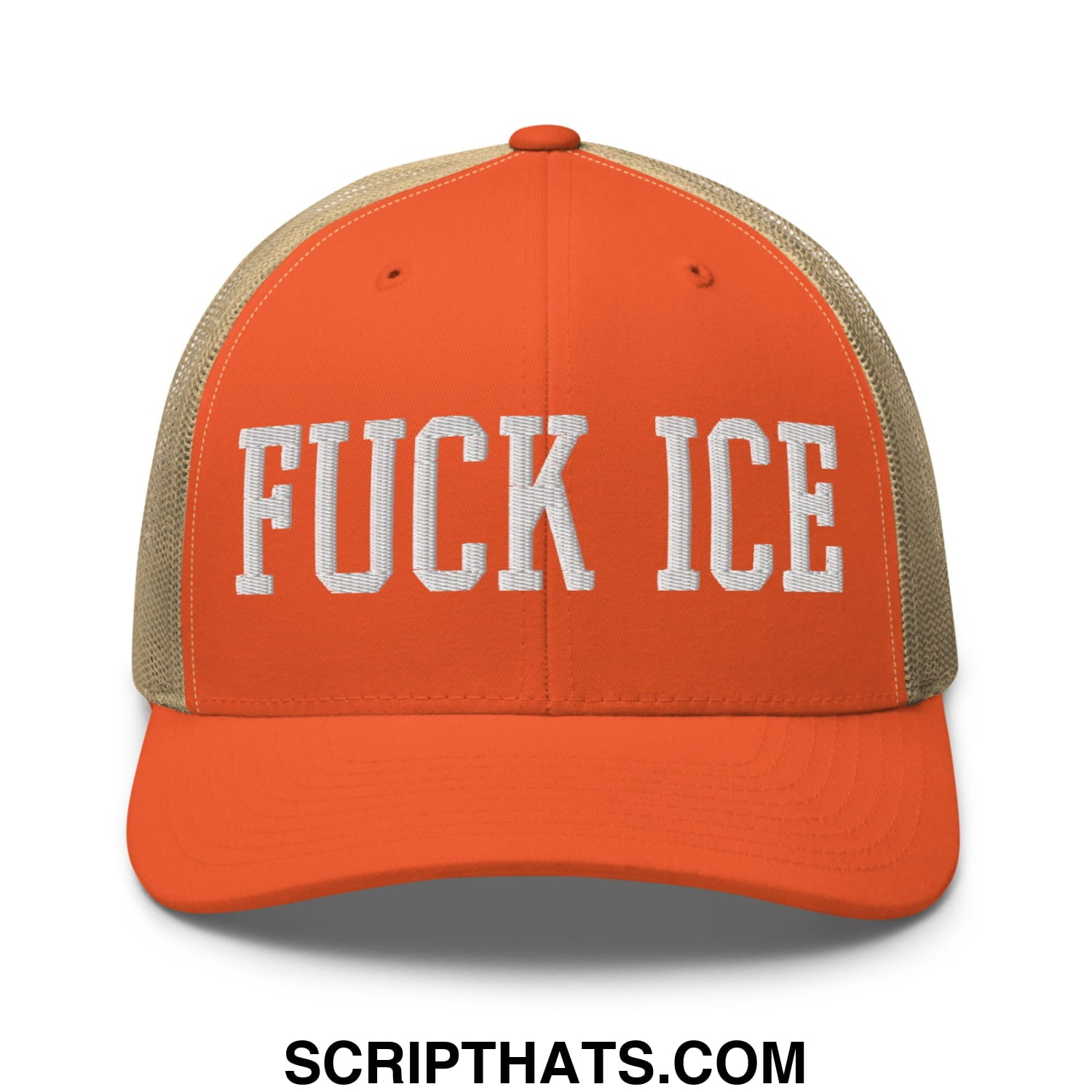 Fuck ICE Embroidered Mesh Trucker Hat Rustic Orange Khaki