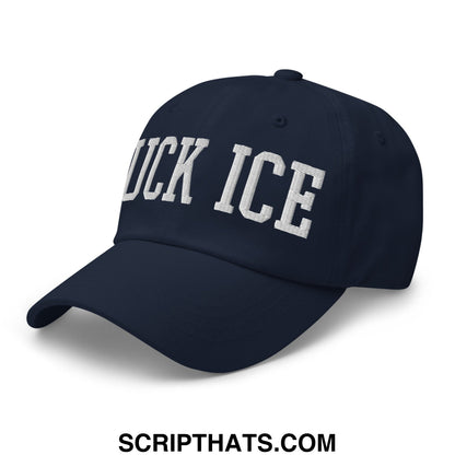 Navy blue unstructured dad hat with white embroidered duck ice lettering front for casual wear