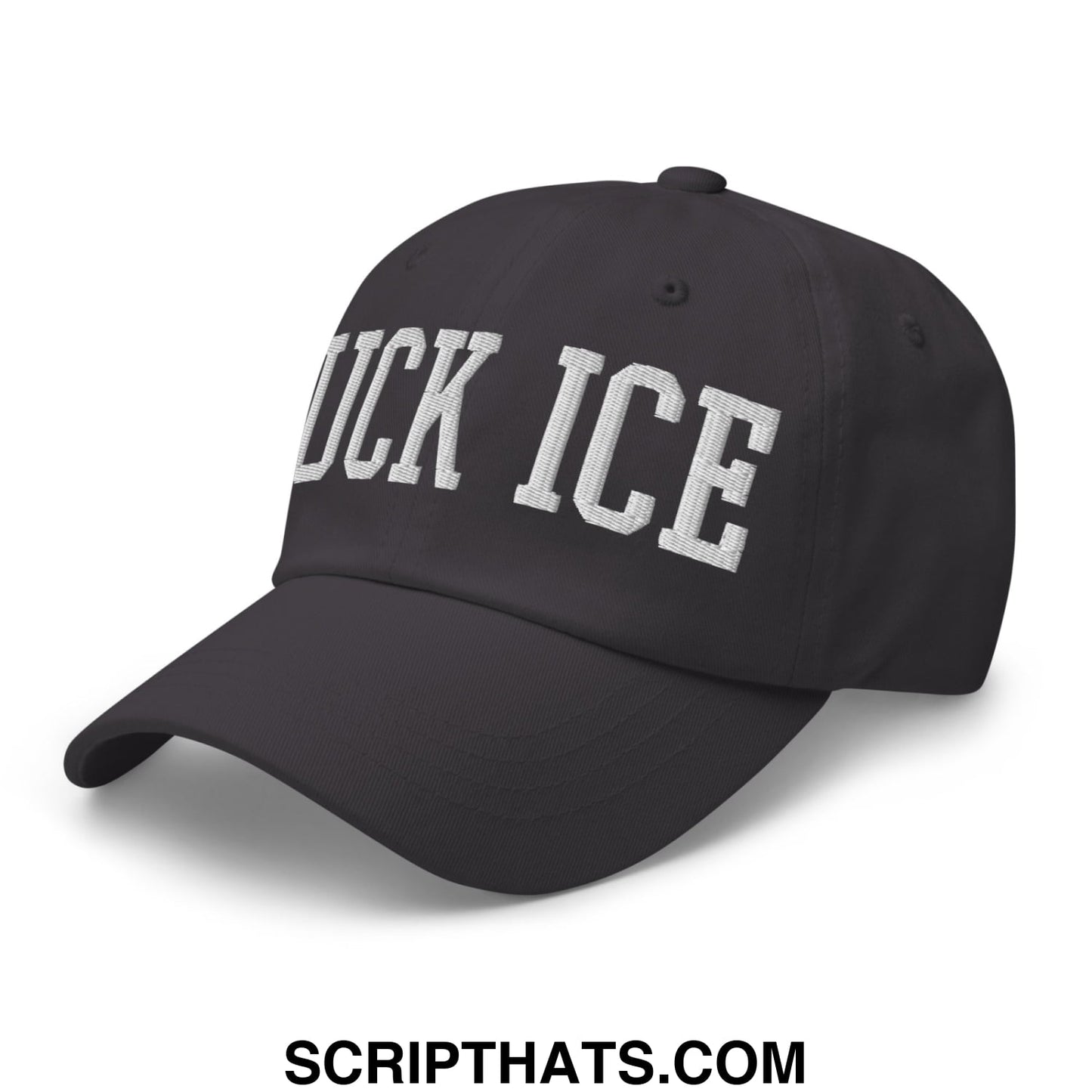 Black unstructured dad hat with white embroidered duck ice lettering featuring a bold fuck ice design