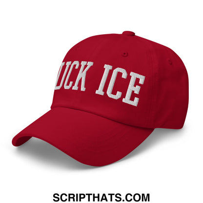 Red unstructured dad hat with white embroidered duck ice lettering perfect for casual wear