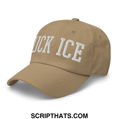 Tan unstructured dad hat with white embroidered duck ice lettering designed for casual wear