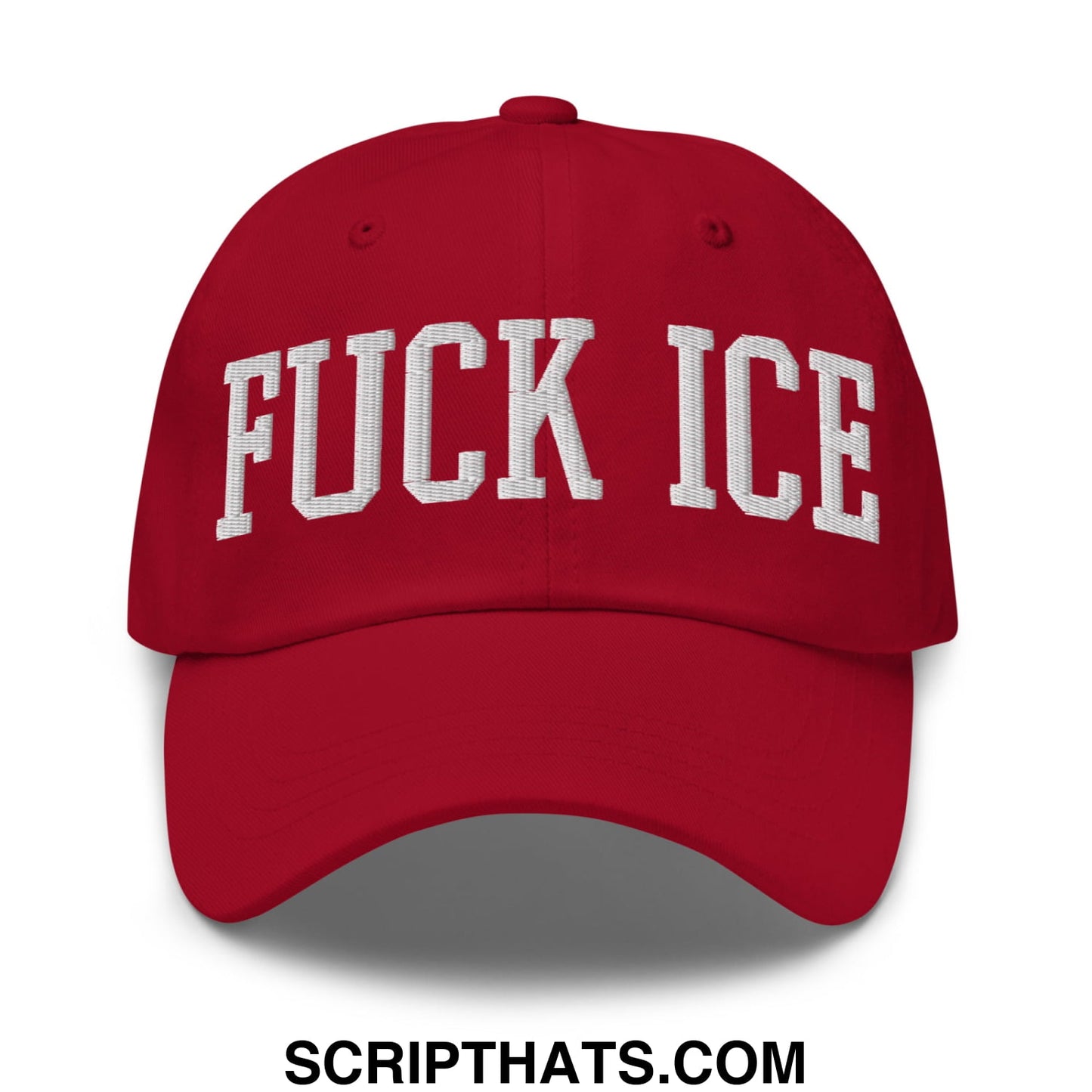 Red unstructured dad hat with white embroidered fuck ice text in bold arched font for casual wear