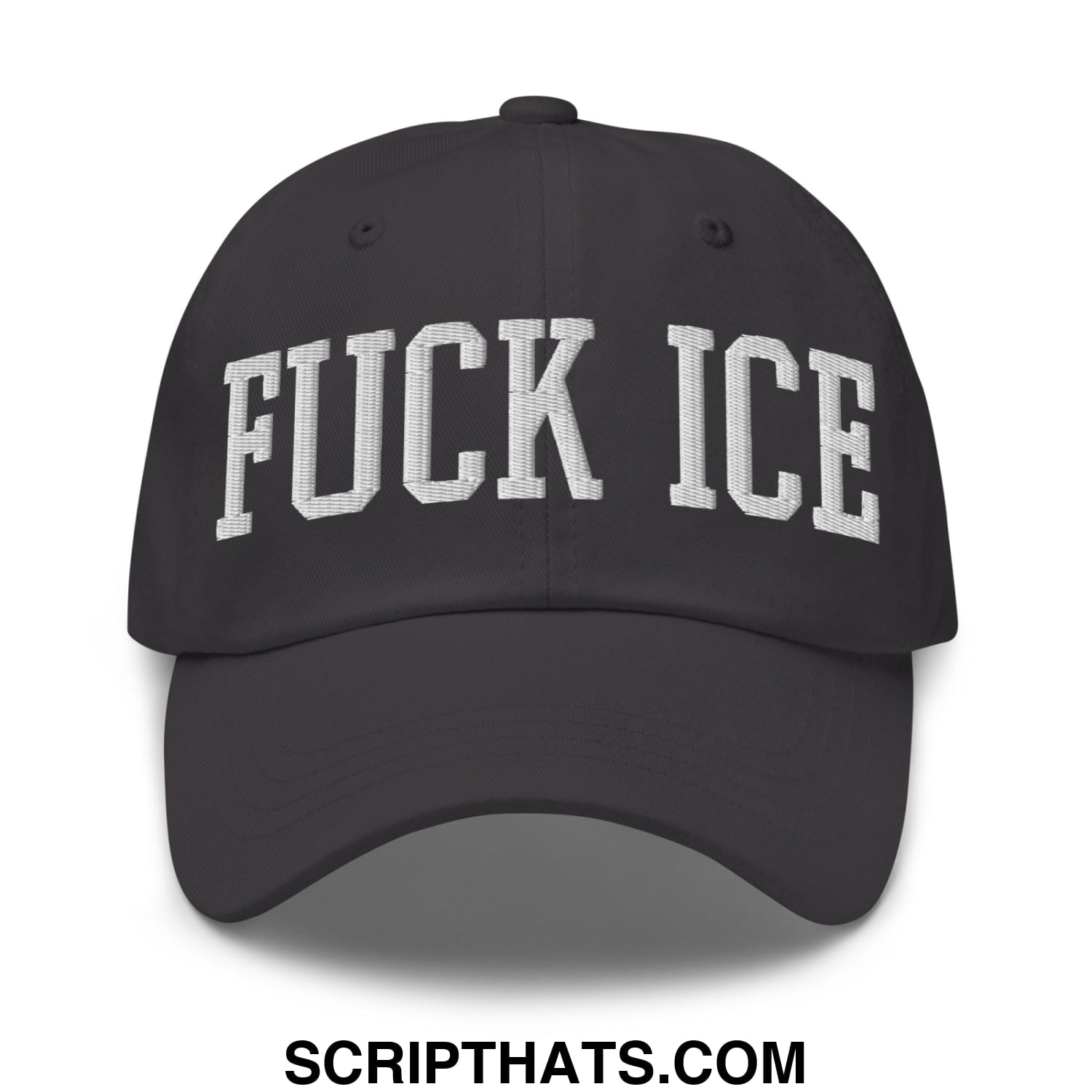 Black unstructured dad hat with white embroidered bold collegiate style lettering reading fuck ice