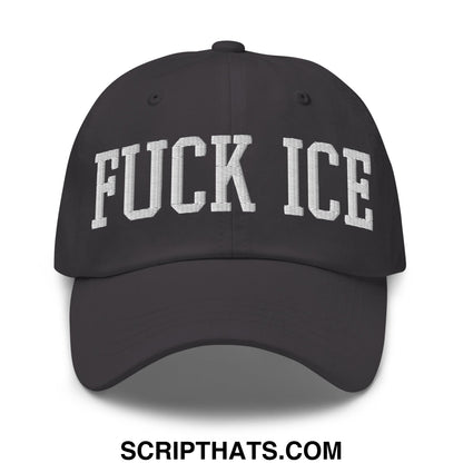 Black unstructured dad hat with white embroidered bold collegiate style lettering reading fuck ice