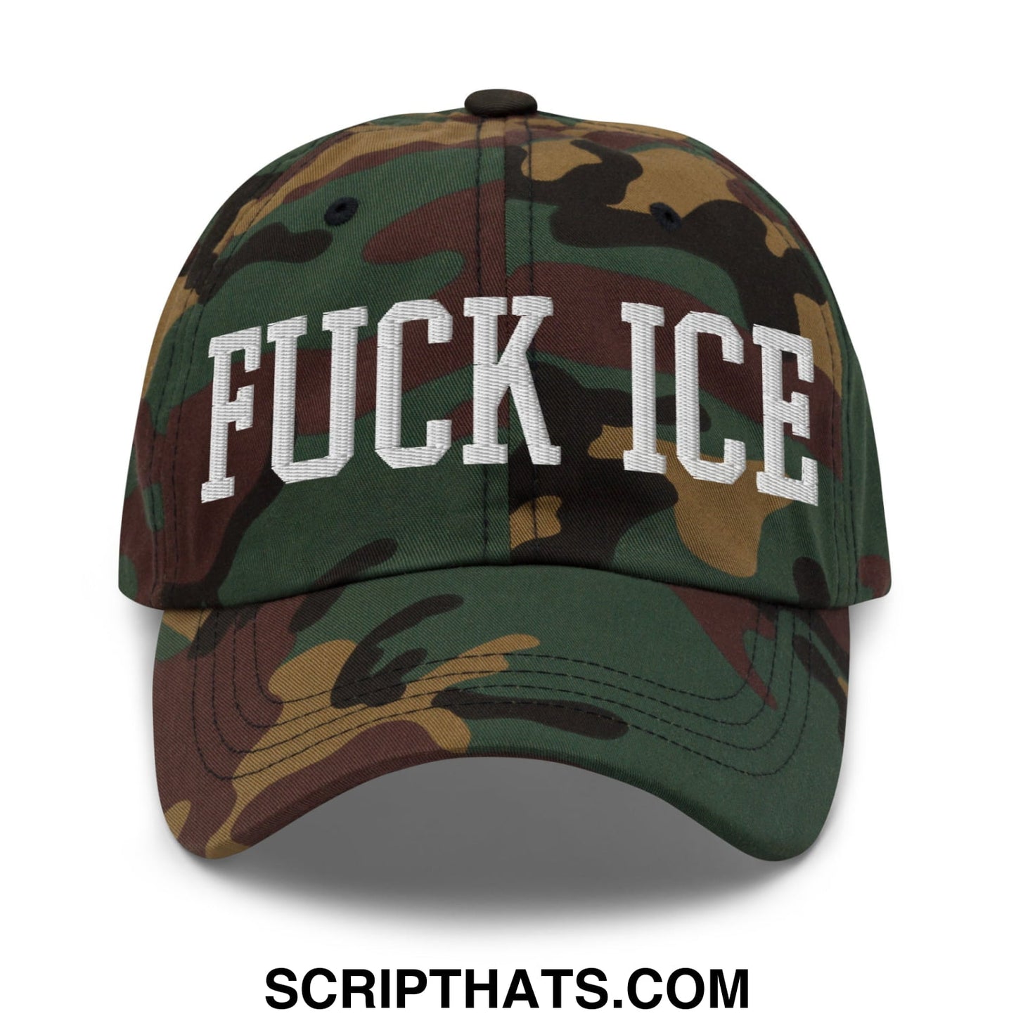 A camouflage unstructured dad hat with white embroidered fuck ice lettering on the front panel