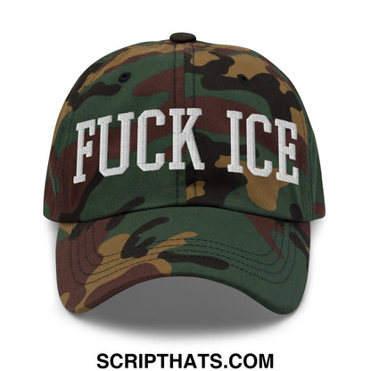 A camouflage unstructured dad hat with white embroidered fuck ice lettering on the front panel