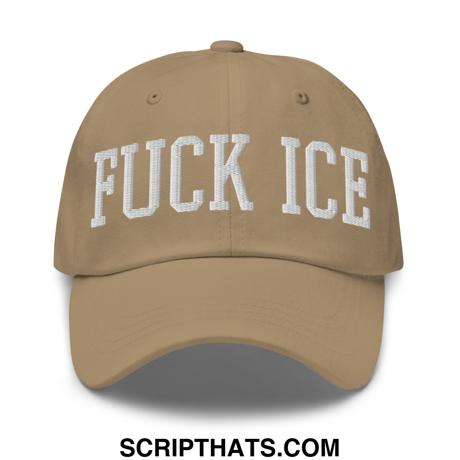 Tan unstructured dad hat with white embroidered fuck ice lettering in a classic collegiate font