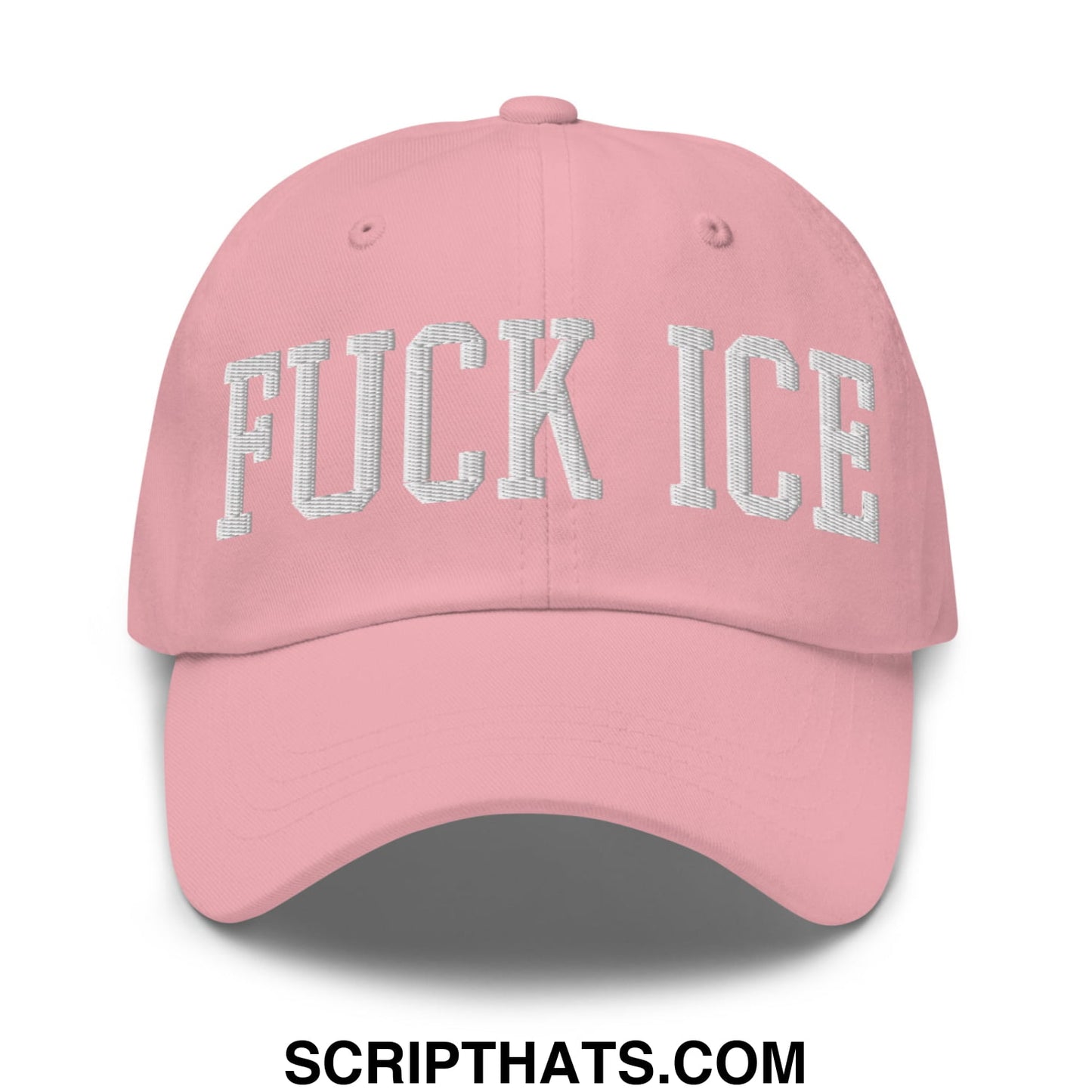 Pink embroidered unstructured dad hat with white fuck ice lettering for casual wear