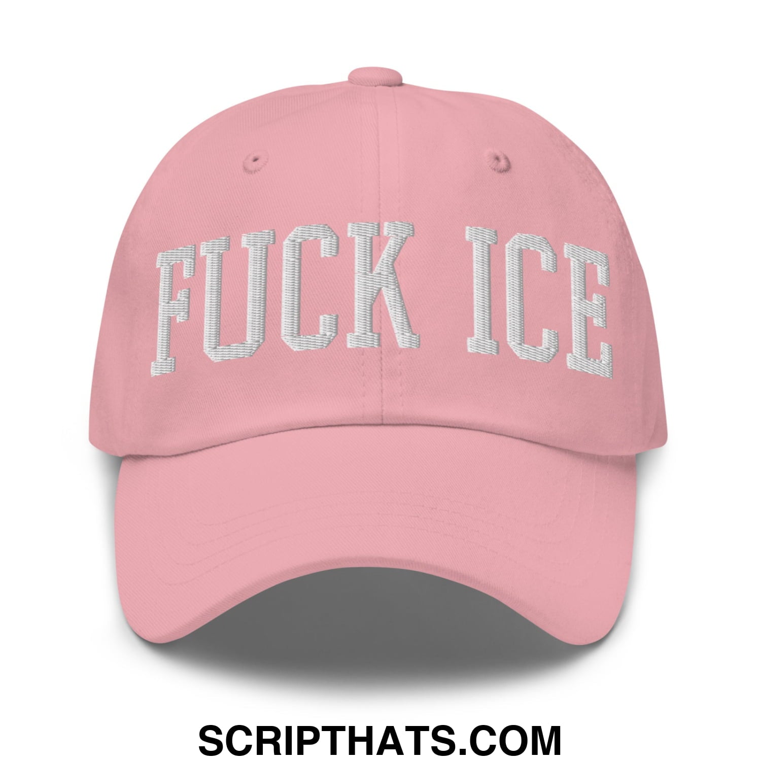 Pink embroidered unstructured dad hat with white fuck ice lettering for casual wear