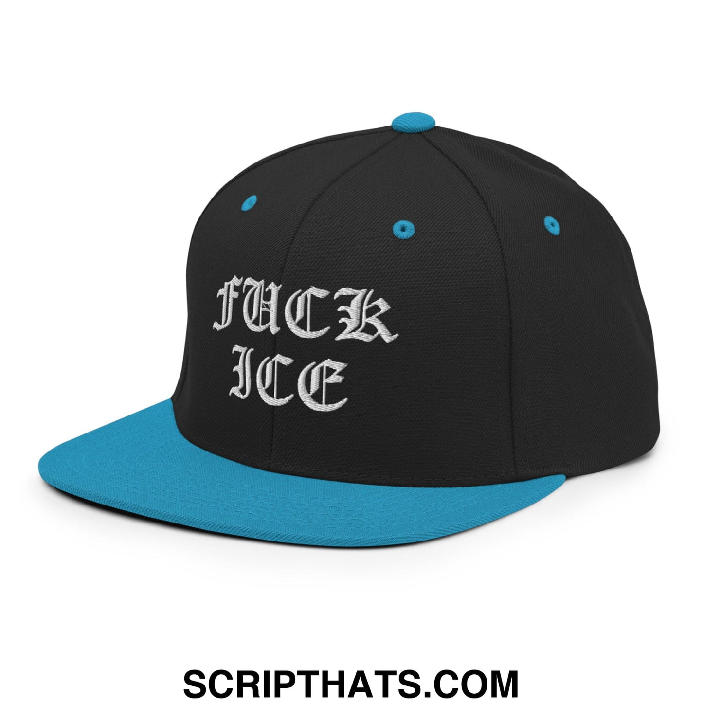 Black snapback hat with teal brim and button featuring white embroidered fuck ice text in ornate script font