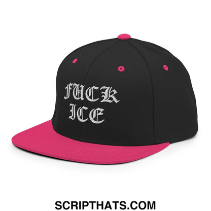 Black snapback cap with vibrant pink flat bill brim and button featuring white embroidered fuck ice in ornate script font