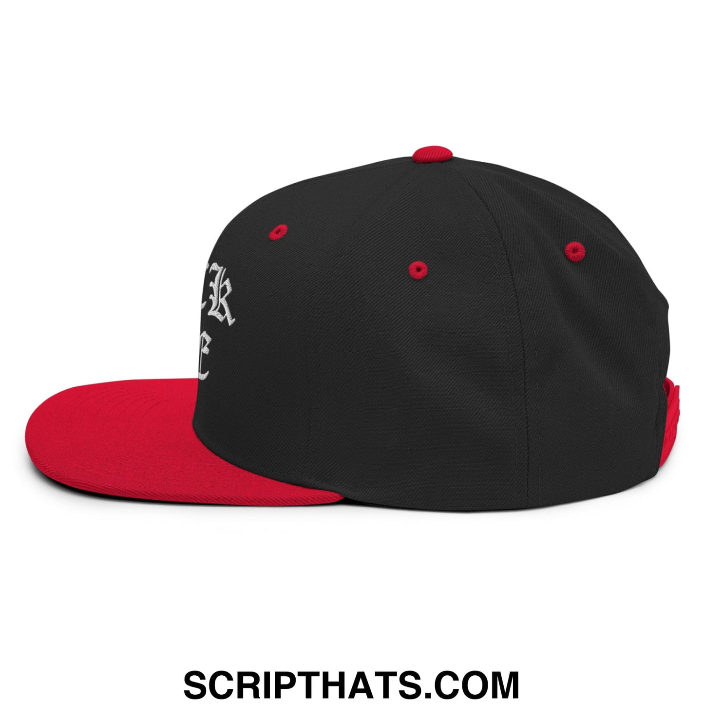 Black and red snapback hat with white embroidered fuck ICE Old English lettering on the side and flat bill brim