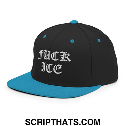 Fuck ICE Old English Embroidered Flat Bill Brim Snapback Hat Black Teal