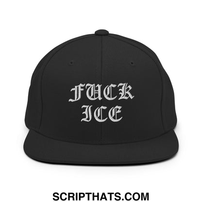 Black snapback cap with white embroidered fuck ice in gothic script on flat bill brim for casual wear