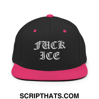 Fuck ICE Old English Embroidered Flat Bill Brim Snapback Hat Black Neon Pink