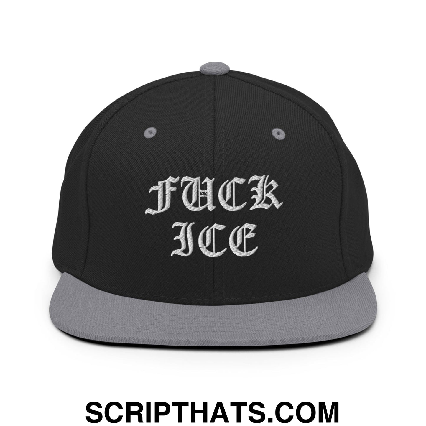 Fuck ICE Old English Embroidered Flat Bill Brim Snapback Hat Black Silver