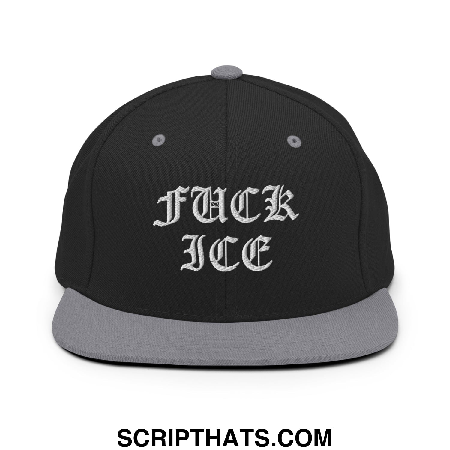 Black snapback cap with gray flat bill and embroidered white fuck ice text in gothic font for casual wear