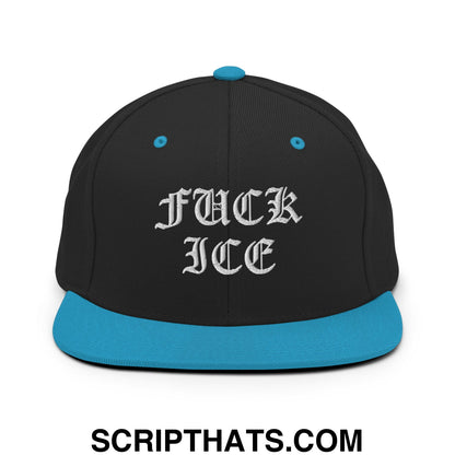 Fuck ICE Old English Embroidered Flat Bill Brim Snapback Hat Black Teal