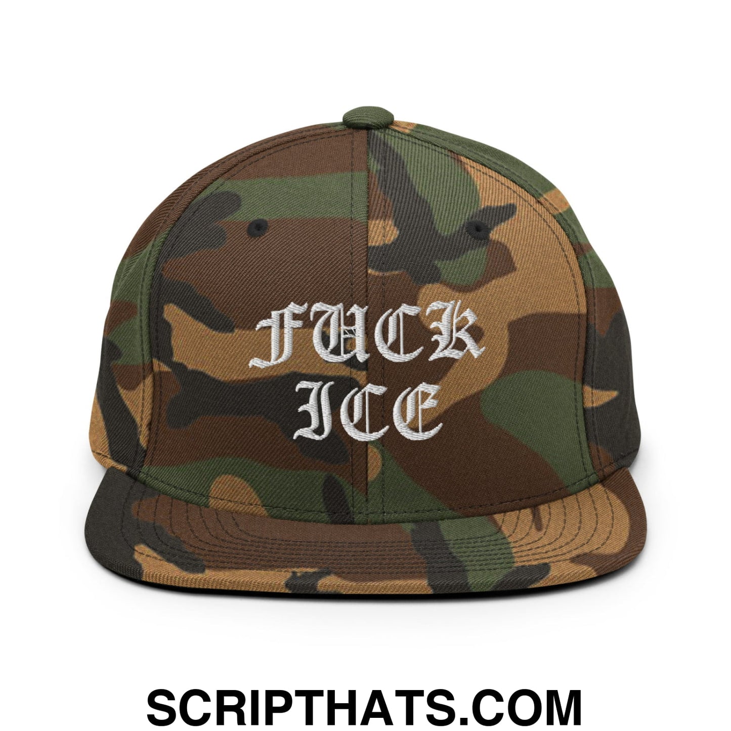 Fuck ICE Old English Embroidered Flat Bill Brim Snapback Hat Green Camo