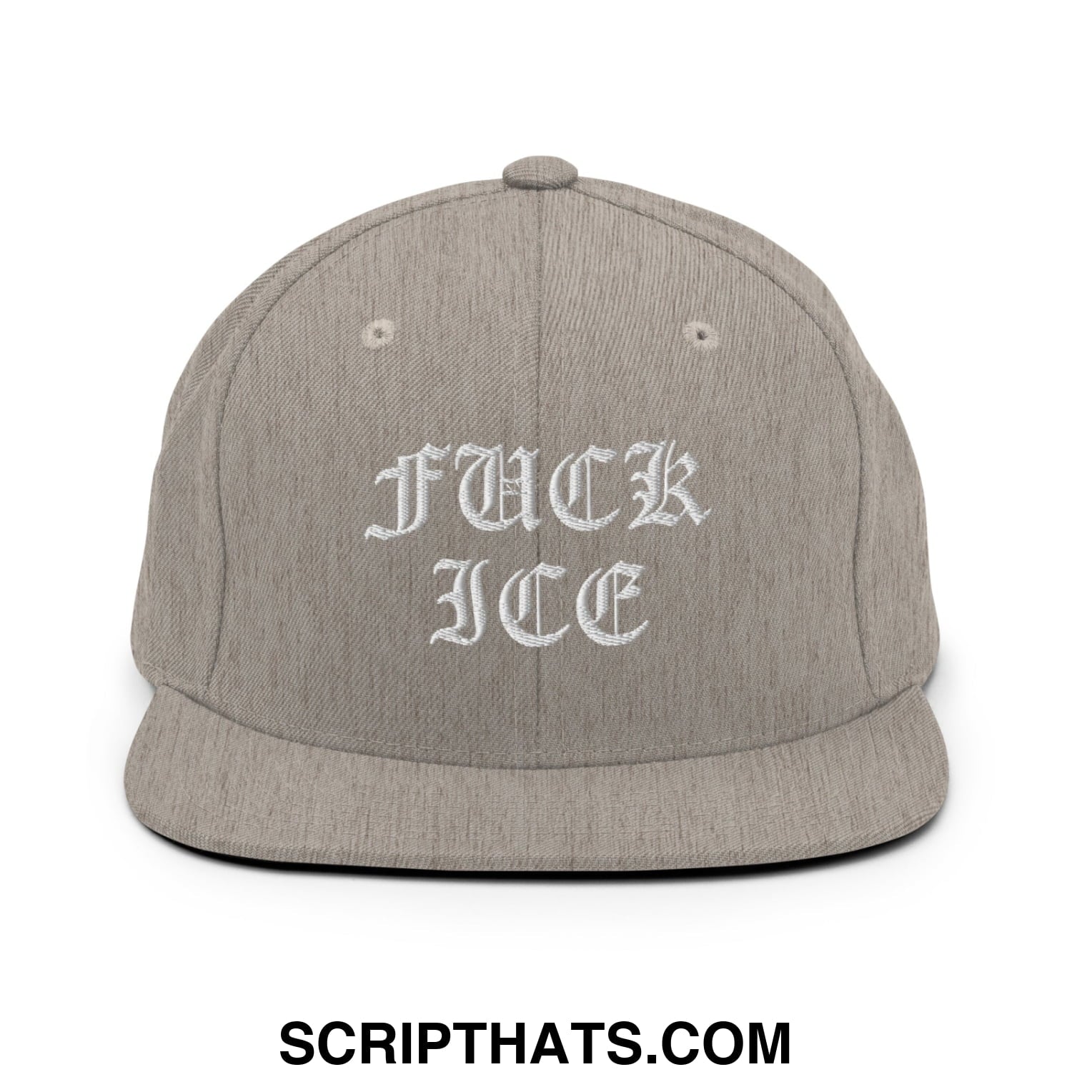 A gray snapback hat with white old English embroidered text fuck ice on a flat bill brim
