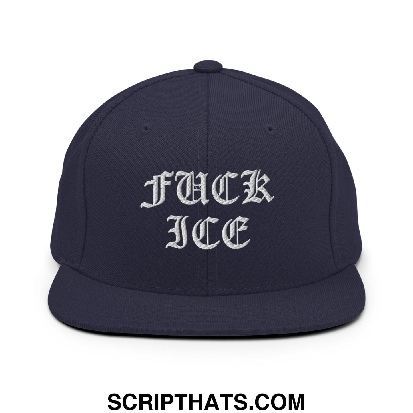 Navy blue snapback cap with white embroidered fuck ice text in gothic script and flat bill brim design