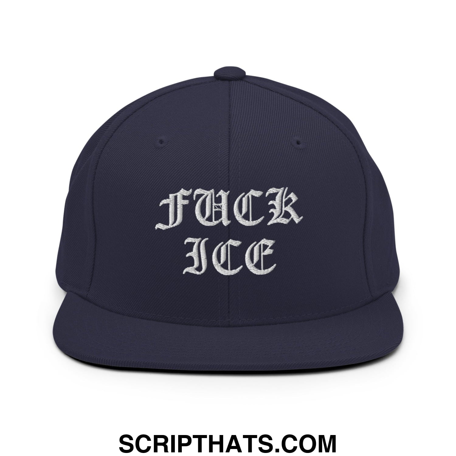 Navy blue snapback cap with white embroidered fuck ice text in gothic script and flat bill brim design