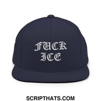 Navy blue snapback cap with white embroidered fuck ice text in gothic script and flat bill brim design
