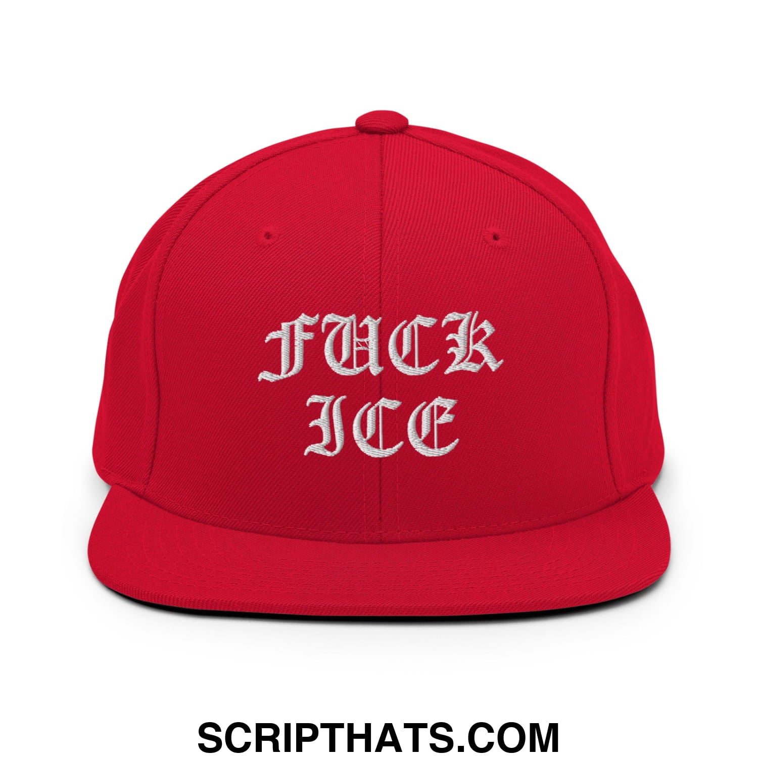 Red snapback cap with white embroidered fuck ice text in gothic font, flat bill brim, and adjustable back closure
