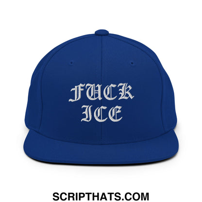 Royal blue snapback hat with white embroidered old English script reading fuck ice on flat bill brim