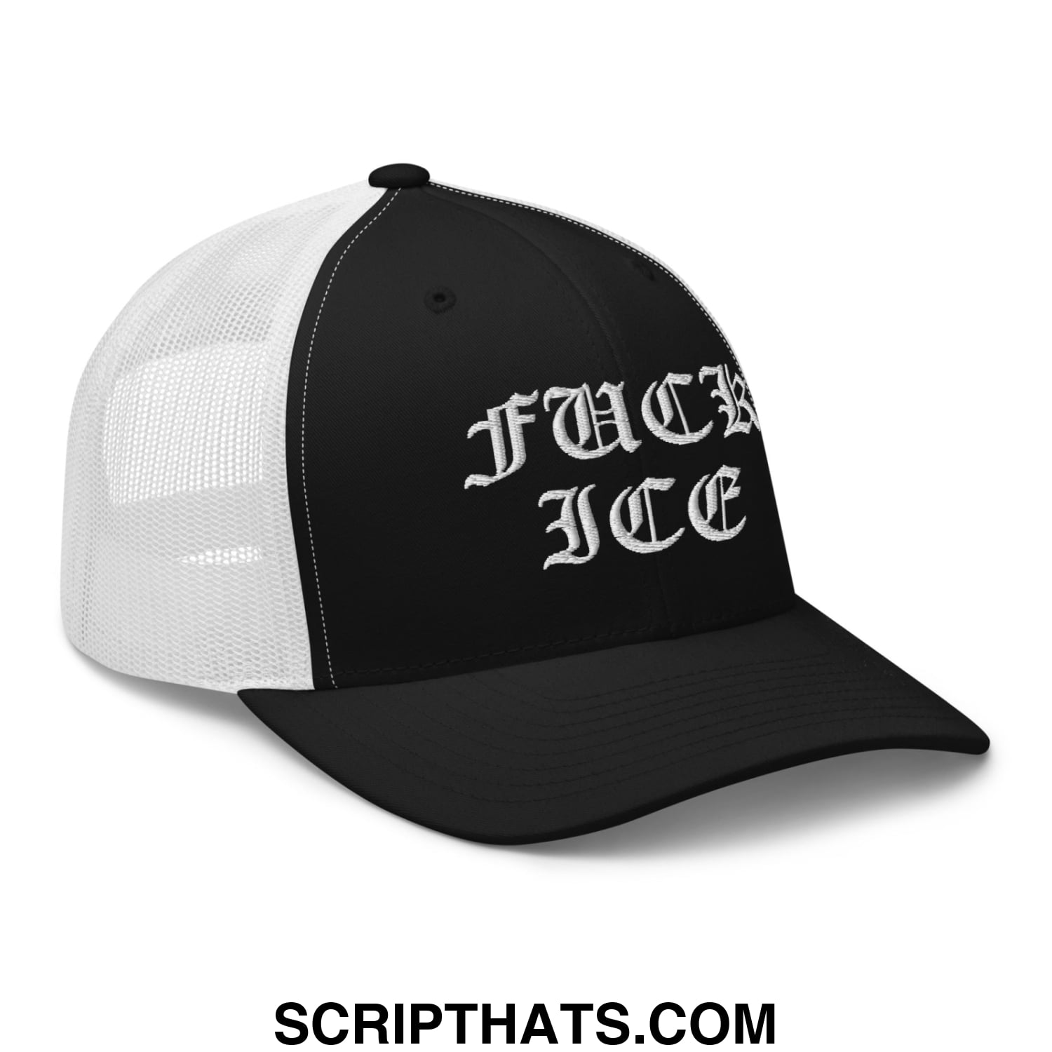 Black and white mesh trucker hat with fuck ice embroidered in gothic script on front panel