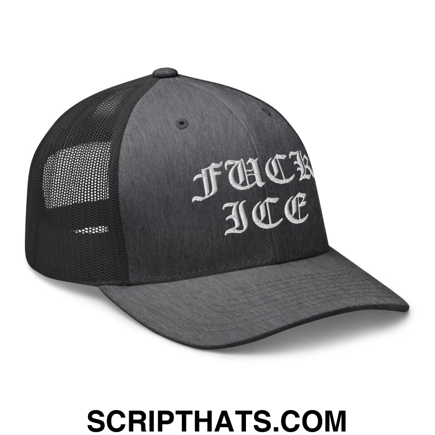 Fuck ICE Old English Embroidered Mesh Trucker Hat Dark Heather Gray