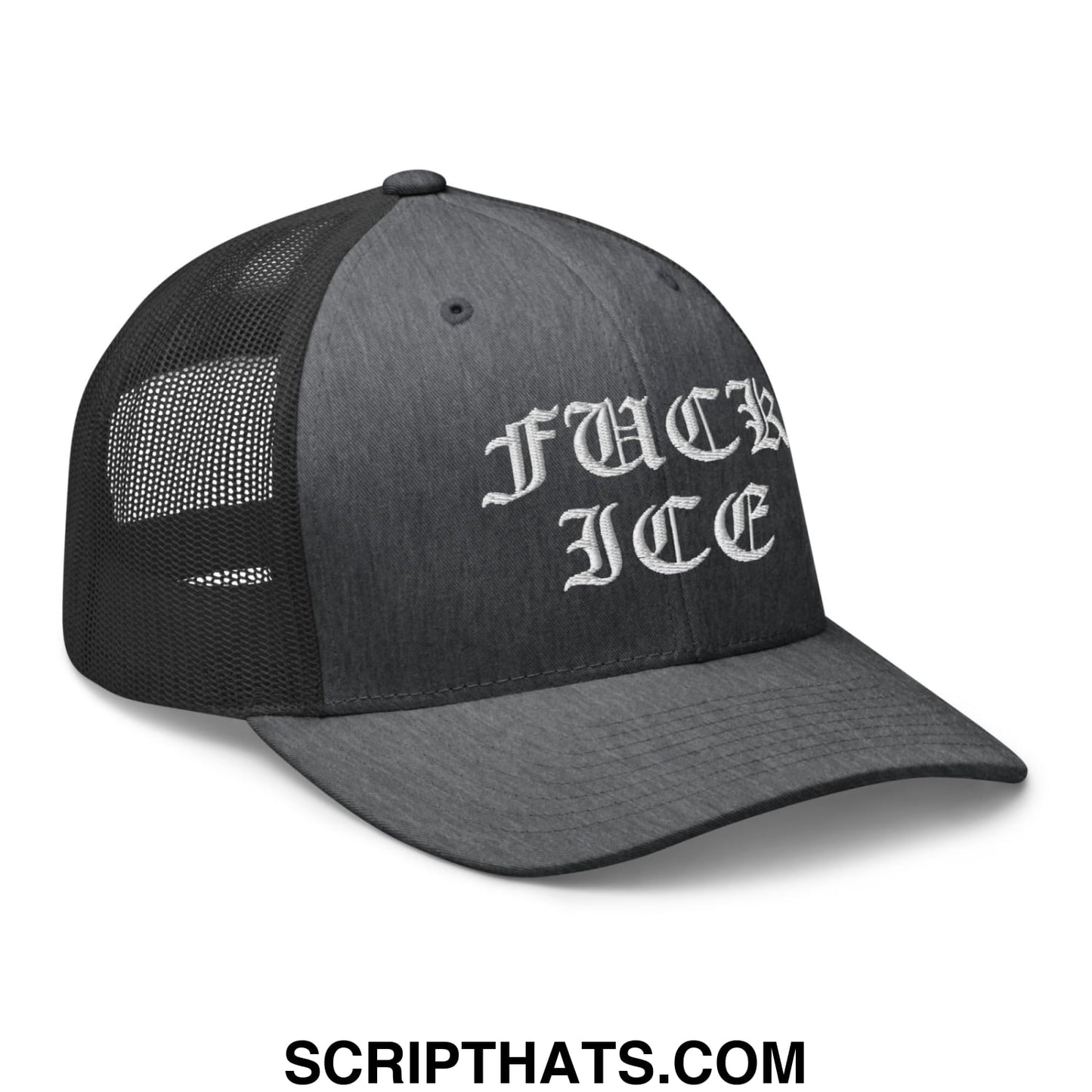 Black mesh trucker hat with white embroidered fuck ice text in gothic script font for casual wear