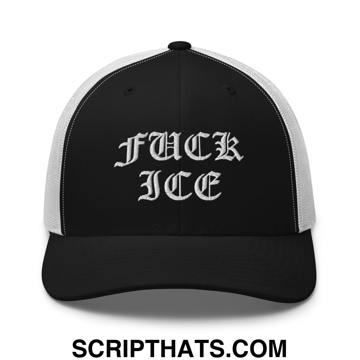 Fuck ICE Old English Embroidered Mesh Trucker Hat Black White
