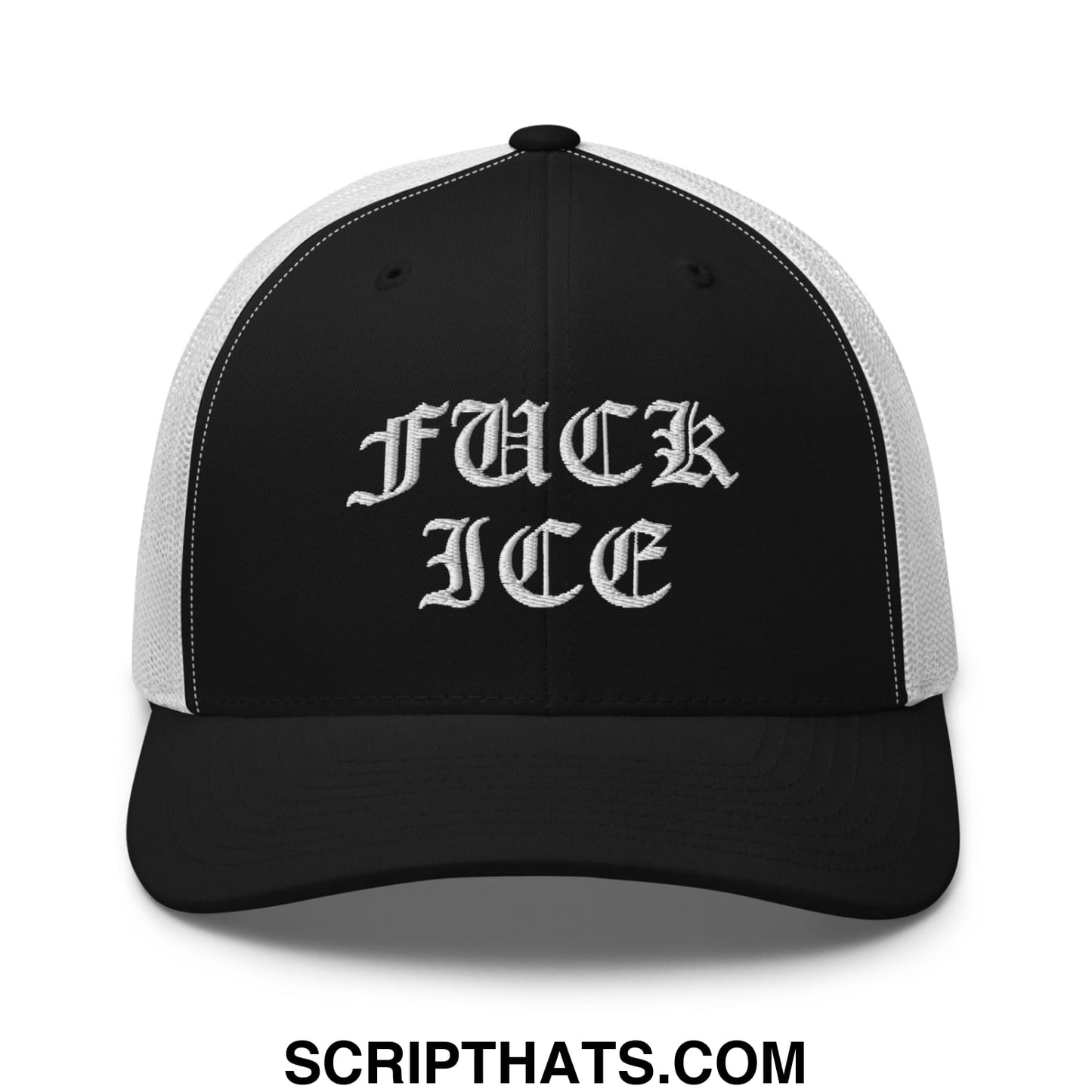 Black and white mesh trucker hat with fuck ice embroidered in gothic script in old english style
