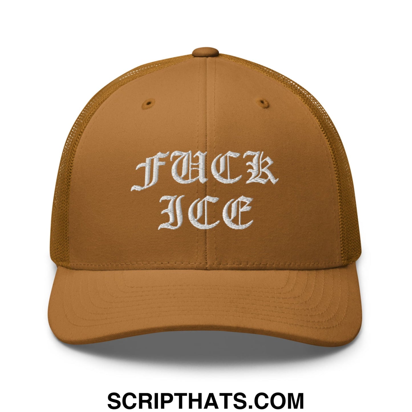 Tan mesh trucker hat with white embroidered fuck ice script on the front called Fuck ICE Old English Embroidered Mesh Trucker Hat