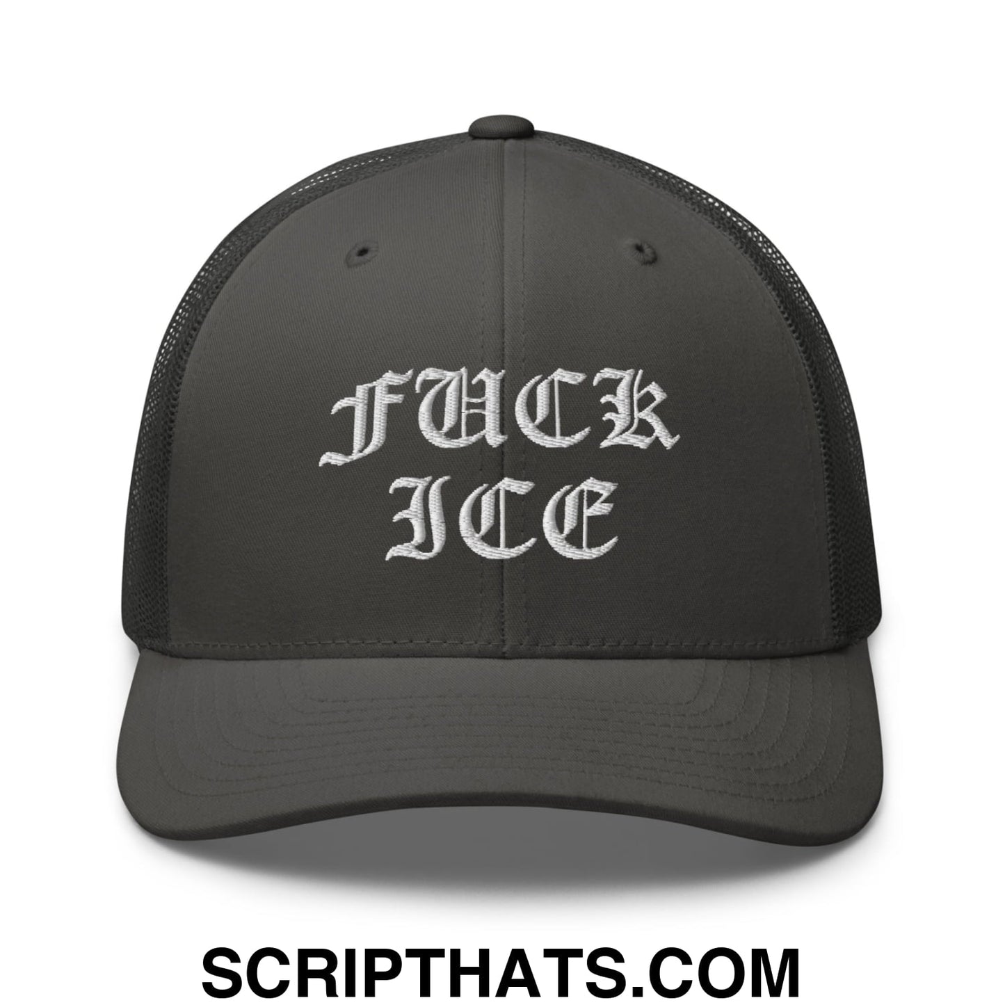 Fuck ICE Old English Embroidered Mesh Trucker Hat Charcoal