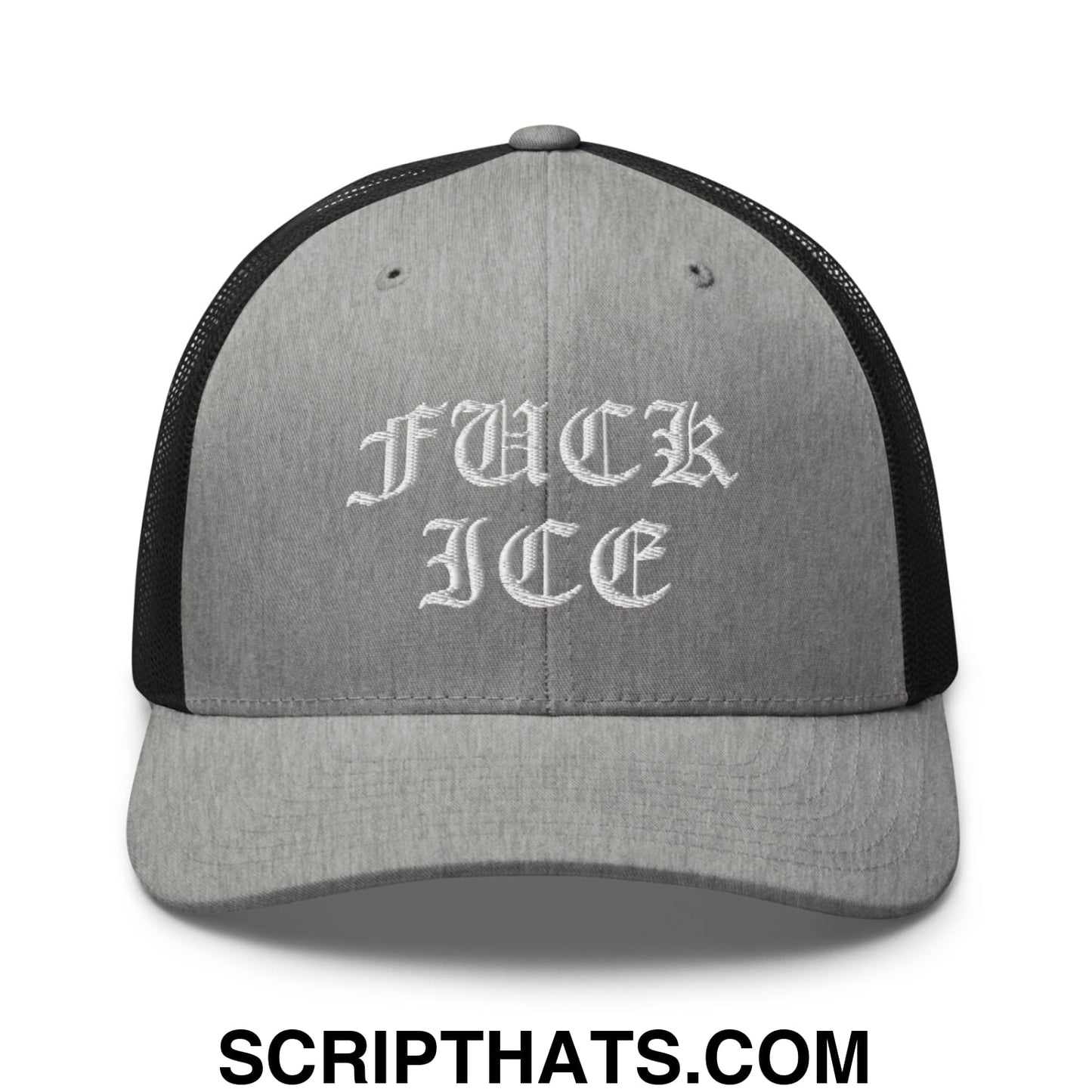 Fuck ICE Old English Embroidered Mesh Trucker Hat Heather Black