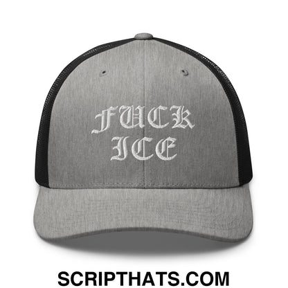Fuck ICE Old English Embroidered Mesh Trucker Hat Heather Black